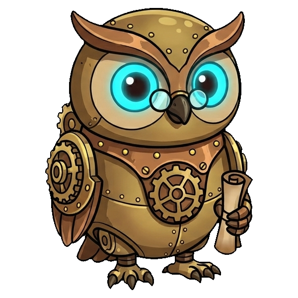 Arcy - The Arcane Archivist mascot, a friendly steampunk owl